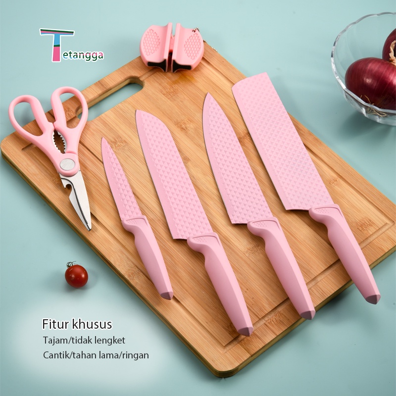 Pisau Berlian Merah Muda 6 IN 1 COOKWARE KITCHEN KNIFE SET DIAMOND NON-STICK COATING VS-1844