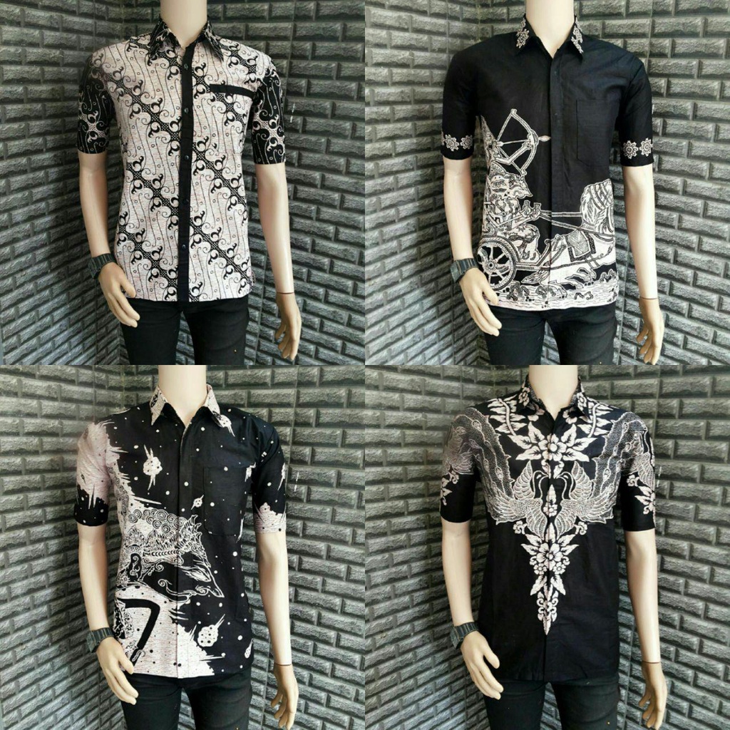 KEMEJA BATIK PRIA LENGAN PENDEK BAJU KERJA KANTOR BAJU BATIK PRIA DEWASA WARNA HITAM PUTIHAN