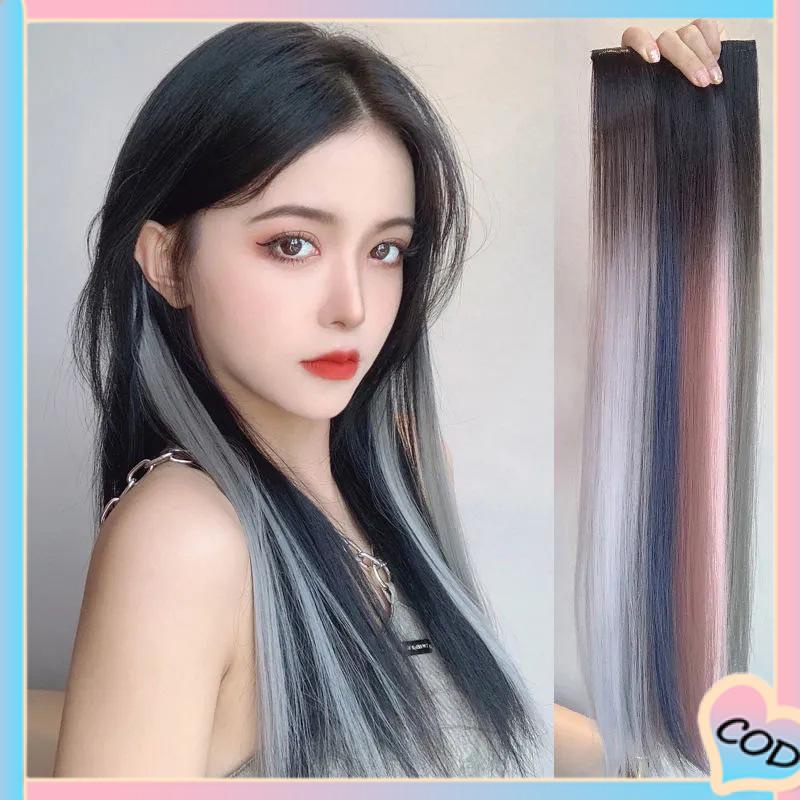 COD❤️ Rambut Panjang Lurus Warna Gradien Wanita One Piece Wig Sorot Ekstensi Rambut-A.one