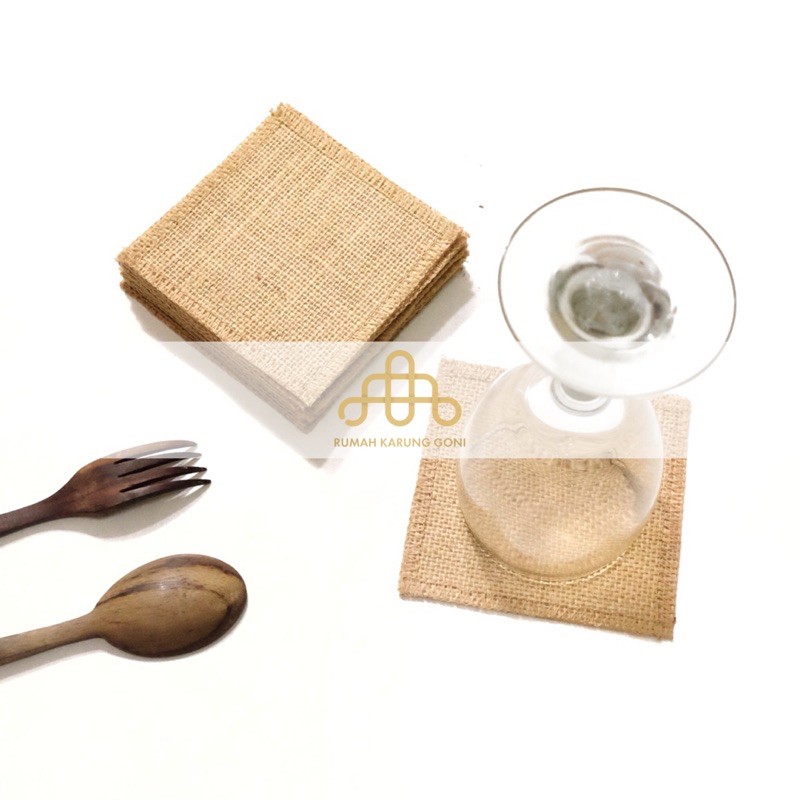 Tatakan Gelas Aesthetic 10x10cm 4pcs Premium Coaster - Burlap Glass Holder - Tatakan Pot Bunga - Alas Gelas Dekorasi Meja