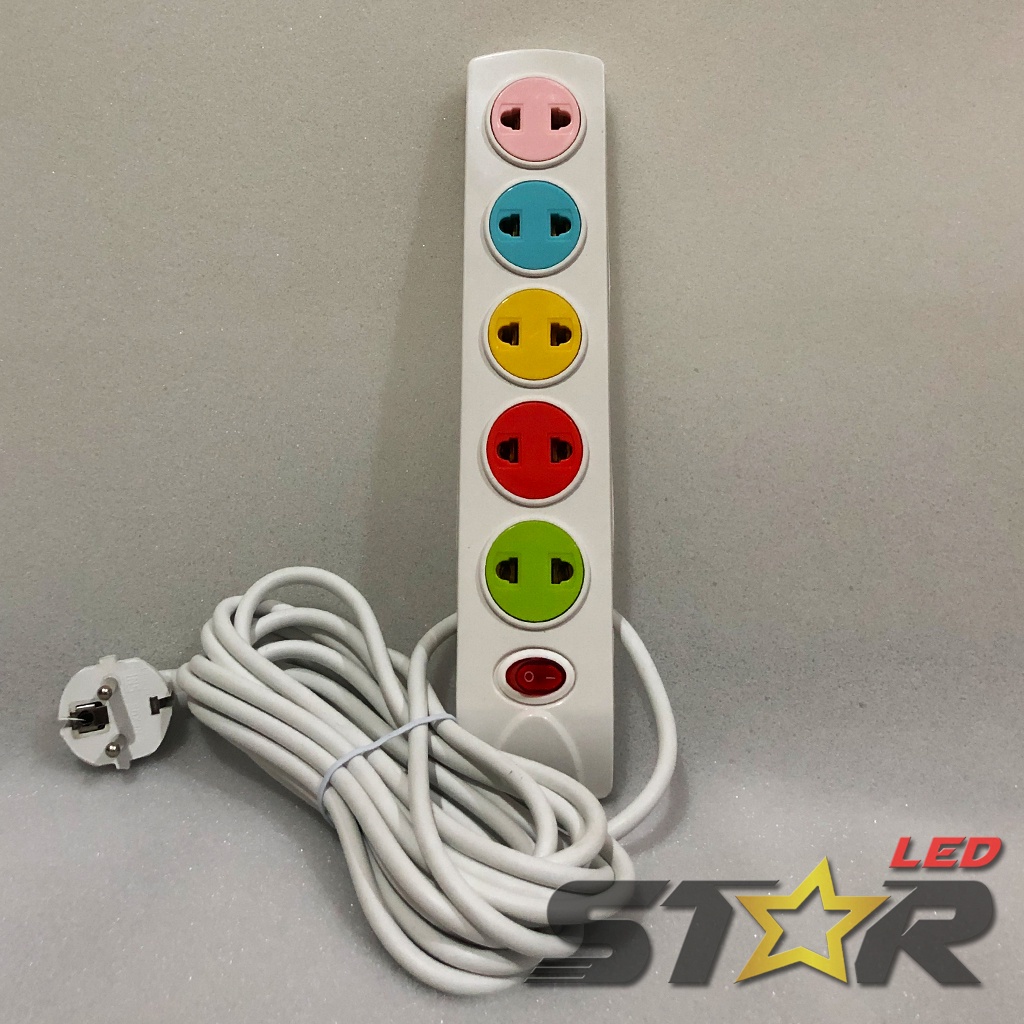 MYVO MSW-L25 Stop Kontak 5 Lubang 5 Meter Kabel Colokan Kuningan Warna Warni Kualitas Terbaik Star LED