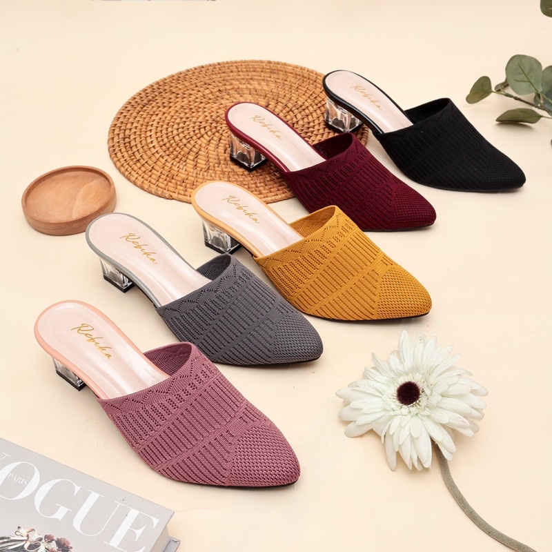 BISA COD Heels Hak Kaca Rajut Import By Rebika / Sandal Rajut Hak Kaca 5cm / Sepatu Rajut Hak Kaca H