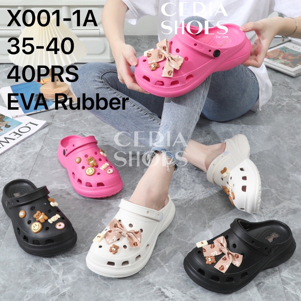 EVA Sandal Slip On Crocs Wanita Import Karet Non-Slip Tinggi 6 Cm Tebal Bahan EVA Ringan Empuk include Jibbitz Accesoris Candy Sendal Baim Fuji X001