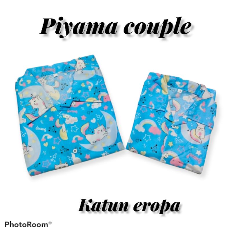 ASHAFIDZ - setelan baju tidur motif bulan biru / setelan piyama katun korea murah bisa couple ibu da