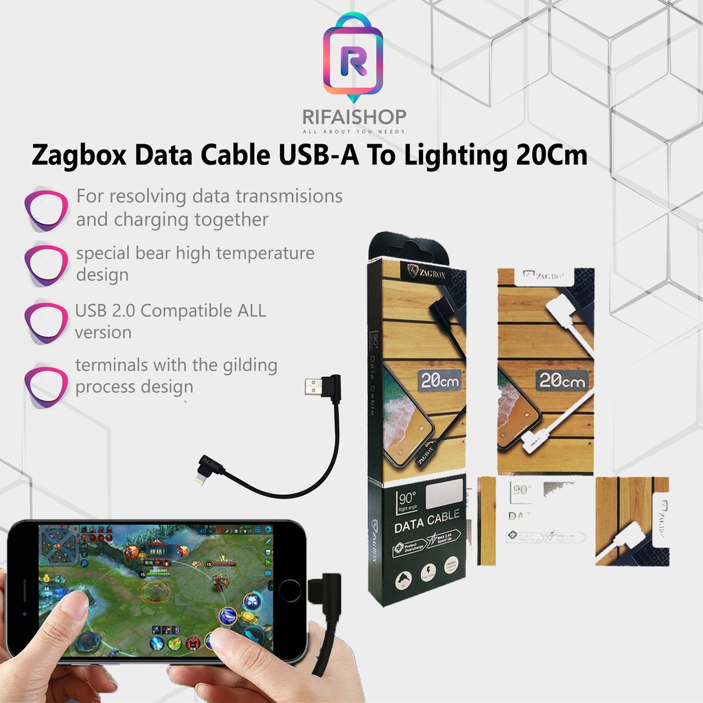 ZAGBOX DATA CABLE LIGHTNING 20CM CHARGER GAMING Charger Iphone