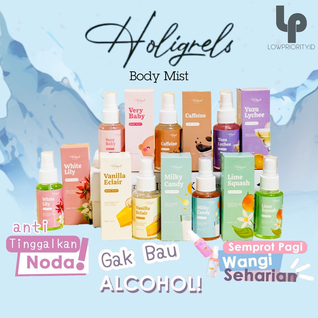 Body Mist Parfume by Holigrels Skincare Original 100% wangi tahan lama packing dengan bubble wrap gratis pouch untuk tiap pembelian ketika stok masih ada