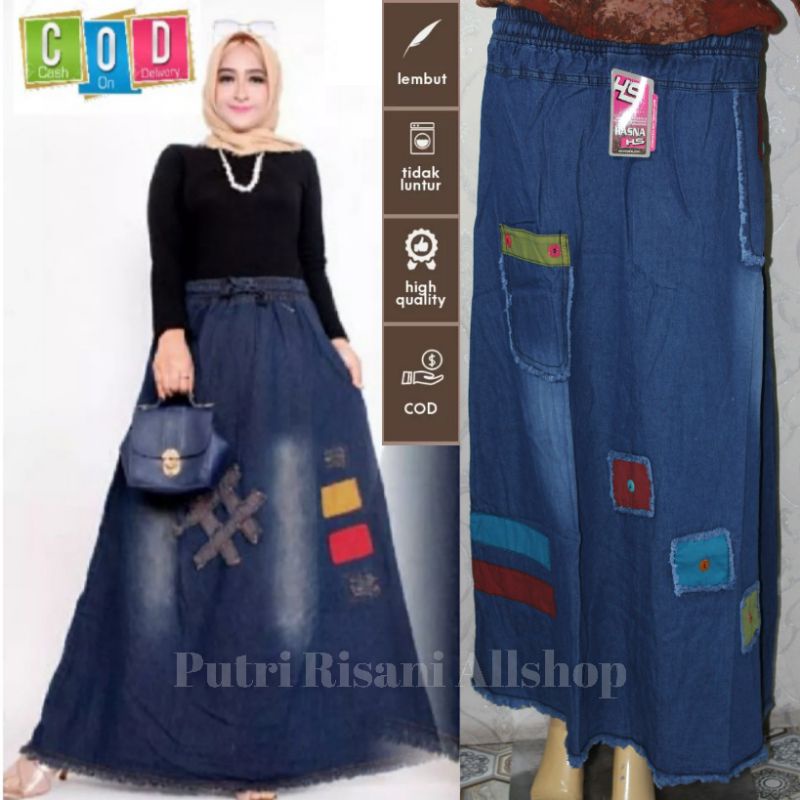 Rok Panjang Wanita - Rok Model A Cargo Kancing Dan Rok Motip Tempel - Soft Jeans BB ± 40-60 Kg-2