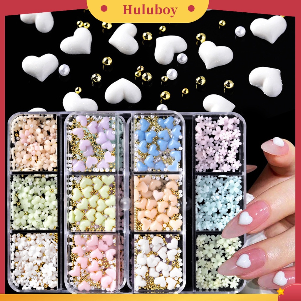 Huluboy Huluboy♡ Set Manik-Manik Mini Bentuk Hati Bunga 3D Untuk Dekorasi Nail Art