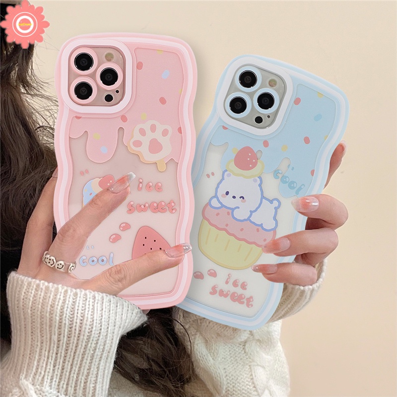 Casing Tepi Bergelombang Shockproof Realme 10 C21Y C15 C35 C11 2020 C25s C25 C12 C25Y C11 2021 C3 C20 Realme 6i 5i C20A 5 5s C1 Kartun Ice Cream Strawberry Bear Lembut TPU Back Case Cover