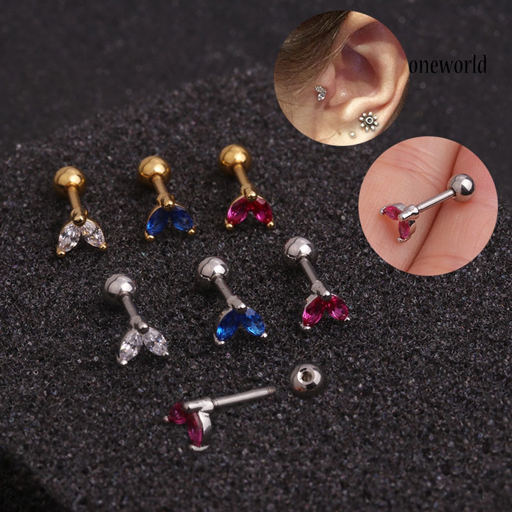 OW@ 1Pc Women Cubic Zirconia Inlaid Leaf Stud Earring Barbell Cartilage Jewelry Gift