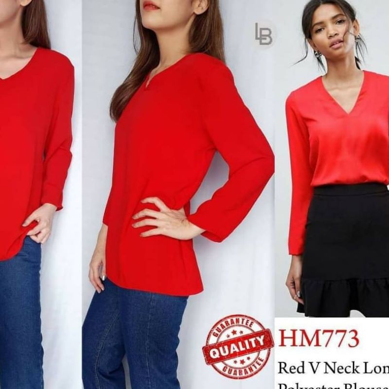 B895.Hnm red V neck longsleeve polyster blouse