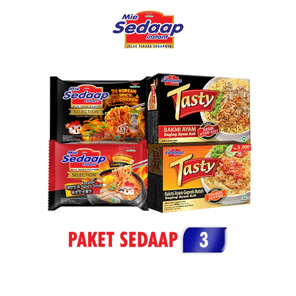 Sedaap Korean Spicy + Korean Spicy Soup + Tasty Bakmi Ayam + Tasty Ayam Geprek - Paket Sedaap 3