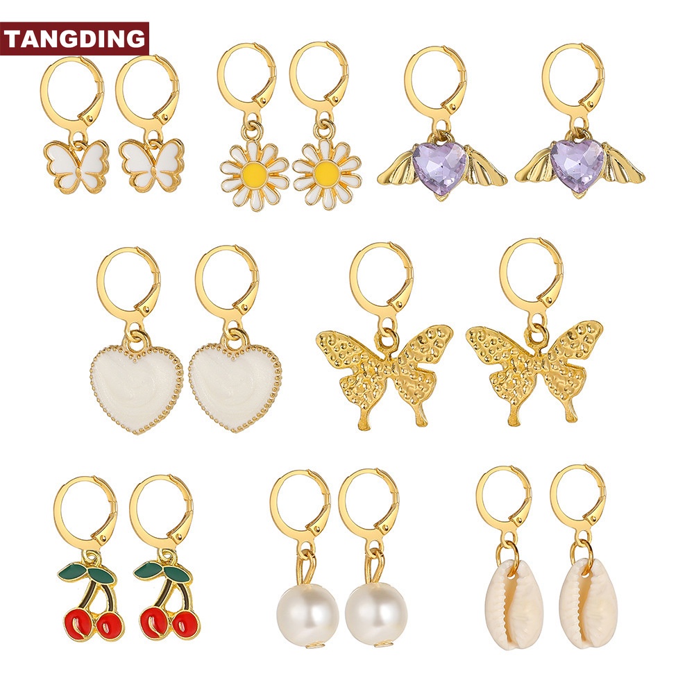 【COD Tangding】9 Pasang Anting Bentuk Kupu-Kupu Hati Cherry Aksen Mutiara Berlian Imitasi