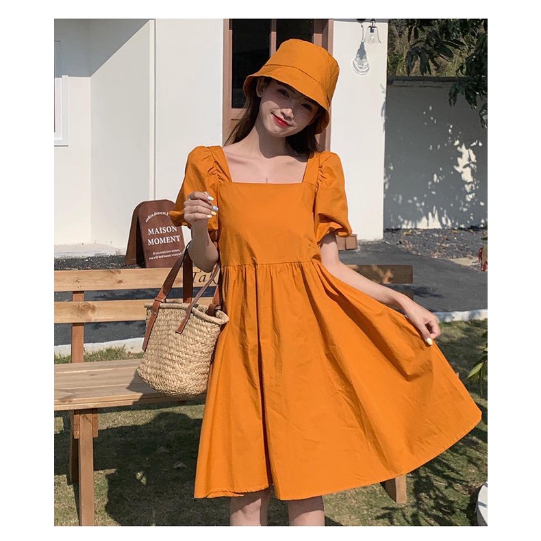 [littlecrab] Dress Square Neck Lengan Balon Simple Polos Orange Hitam Dress Bahan Berkualitas Lembut Elegan Dress Pendek Korean Style Simply Aesthetic