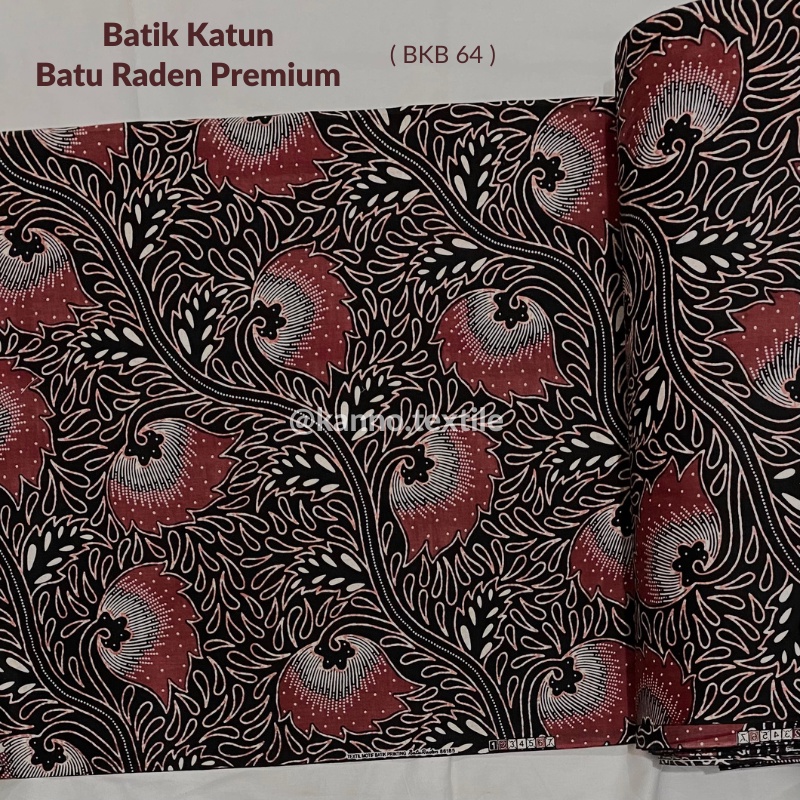 Kain Batik Katun Primisima Batu Raden BKB64 Motif Daun Warna Merah Hitam Putih