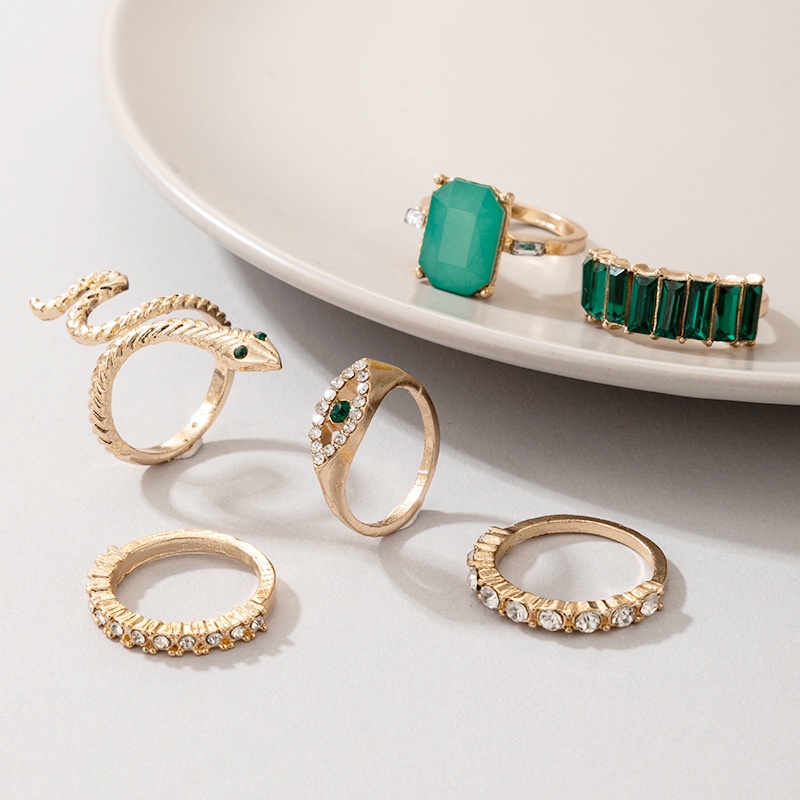 6pcs / Set Cincin Jari Wanita Desain Ular Hias Zircon Hijau Berlian Imitasi Untuk Pesta Pernikahan