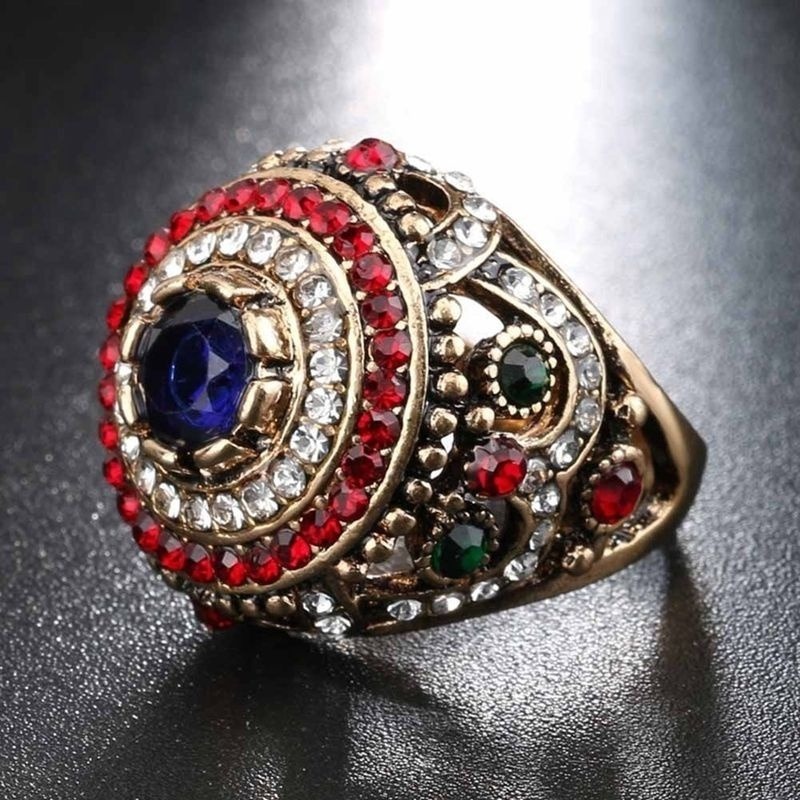 Luxury Multicolor Gemstone Ring for Women Gold Color Party Christmas Gift Turkish Style Jewelry