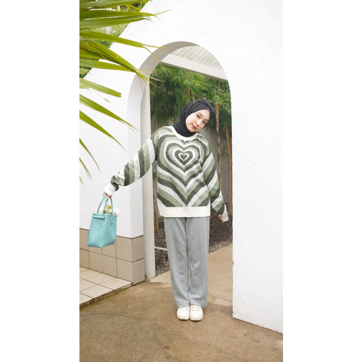 Atasan Wanita Sweater Rajut Korea Style Motif Heart Love Bahan Knit Premium-Army