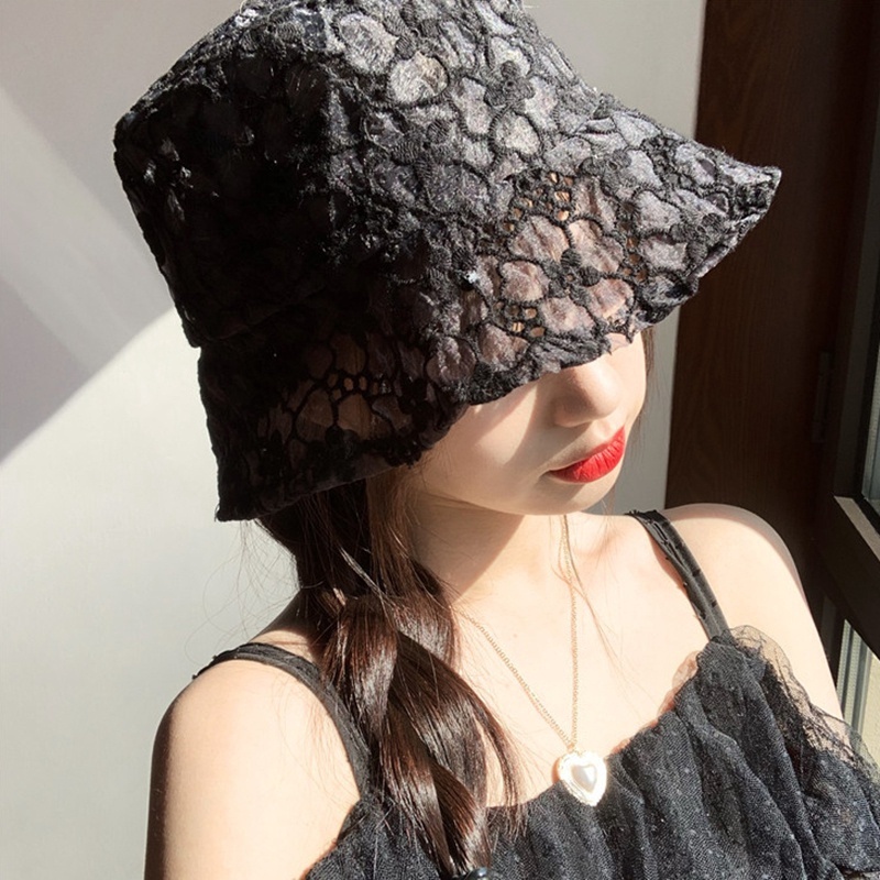 Topi Bucket Wanita Bahan Lace Motif Bunga Gaya Korea Untuk Musim Panas