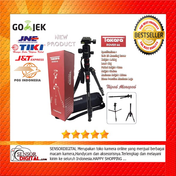 Takara Rover 66 Ball Head Tripod Monopod 2-in1 with Bag - Hitam
