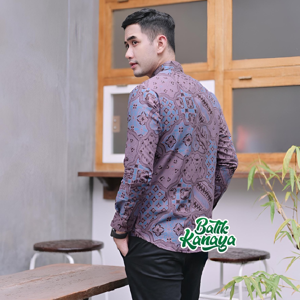 Kanaya - Kemeja Batik Pria Lengan Panjang Full Furing Warna Ungu Bahan Katun Sragenan Motif HAIDA