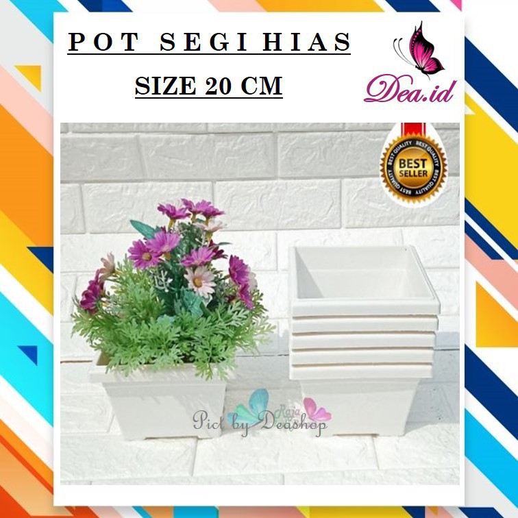 POT BUNGA HIAS KOTAK SEGI PERSEGI PLASTIK PUTIH UKURAN 20