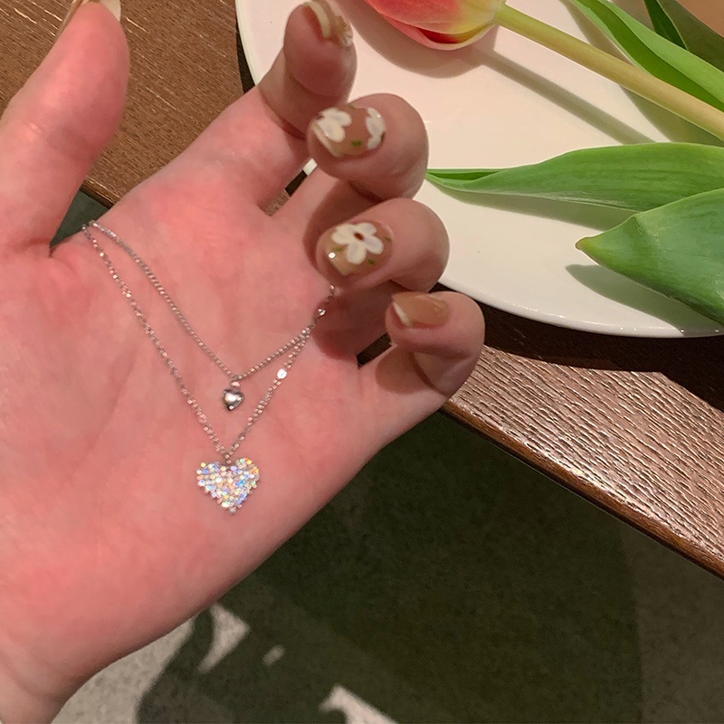 AY(CN) Kalung Rantai Choker Liontin Hati Ganda Aksen Kristal Warna Silver Untuk Aksesoris Perhiasan Wanita