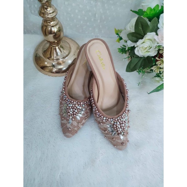 CALISTA Pearls Wedding Shoes 5cm Glass Heels|Selop pengantin wanita |Selop wisuda|Selop pengantin mu