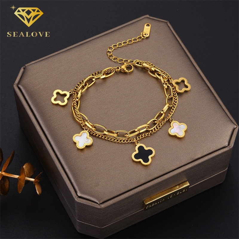 SEALOVE 18k Emas Ganda Semanggi Rantai Gelang Titanium asli Anti Karat Perhiasan Gaya Korea