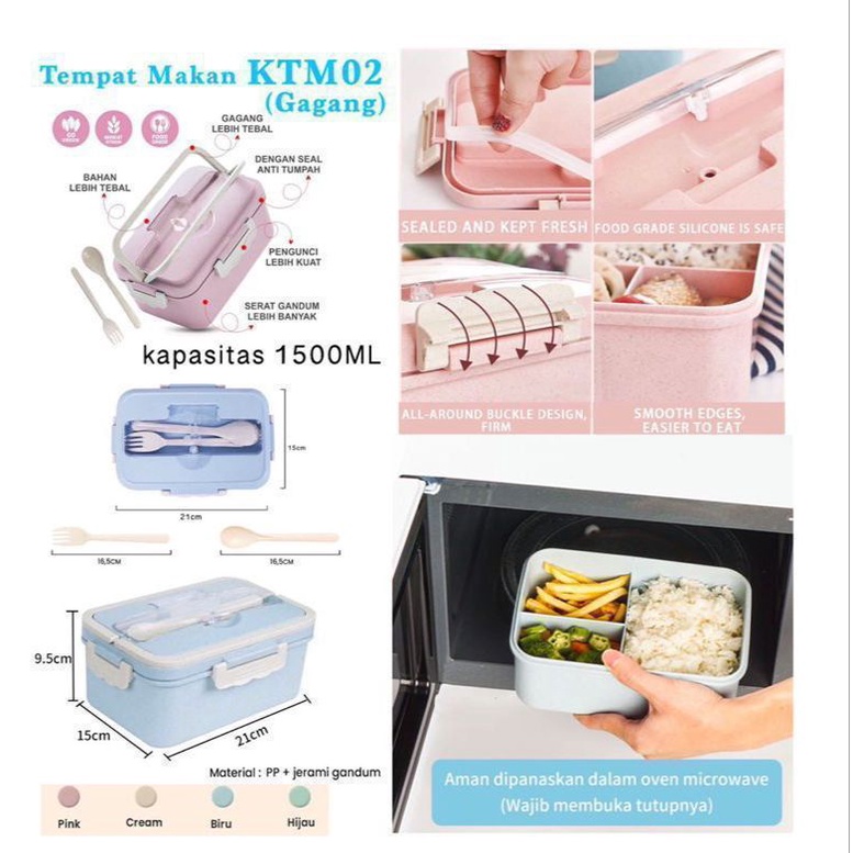 [LUNCH BOX] SET KOTAK TEMPAT MAKAN + GAGANG PEGANGAN BENTO BOX JERAMI GANDUM WHEAT BPA FREE 4 IN 1 1000ML &amp; 1500ML