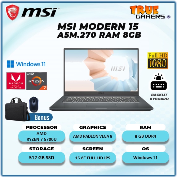 LAPTOP MSI MODERN 15 RYZEN 7 5700U RAM 16GB 512SSD WIN11 15.6FHD IPS