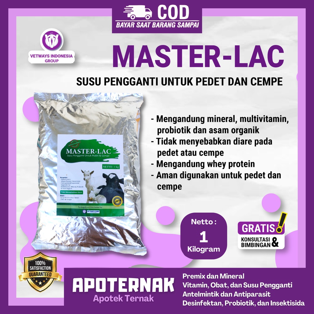 MASTER LAC 1 kg Anti Diare | Susu Pengganti Susu Sambung Induk Sapi Kambing Domba Anti Mencret | Susu Pedet Cempe | Kalvolac, Vetways Lac | Apoternak