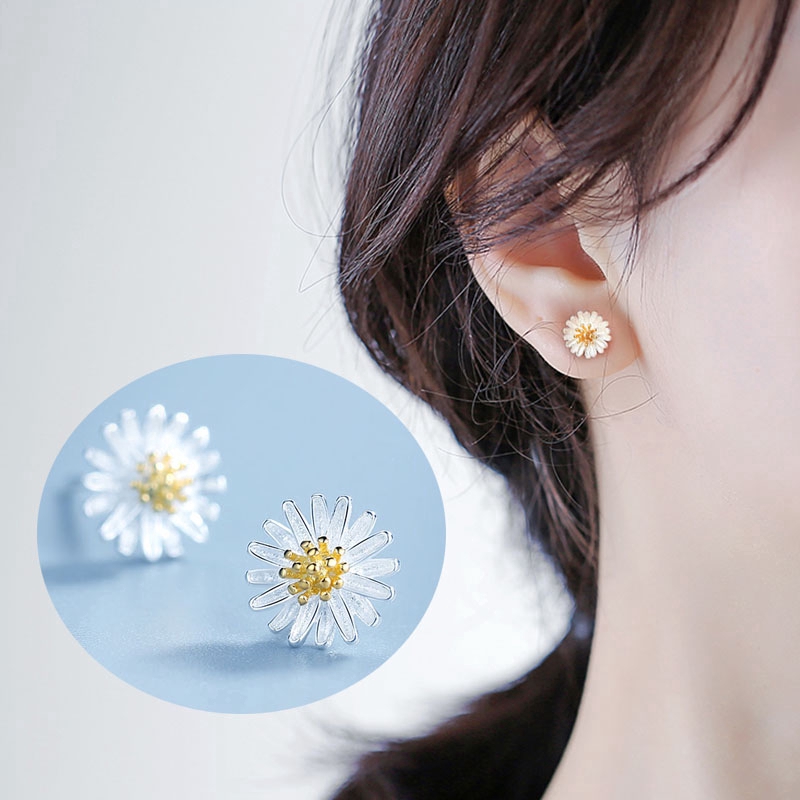 Anting Bunga Daisy Perak Korean Silver Daisy Flower Earrings Stud Sunflower Trendy Women Earring Ear Jewelry Gifts