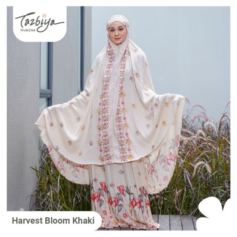 Mukena Tazbiya Harvest Bloom Pink Blue Khaki Jumbo Dewasa Katun Rayon Adem Motif Cantik Treveling