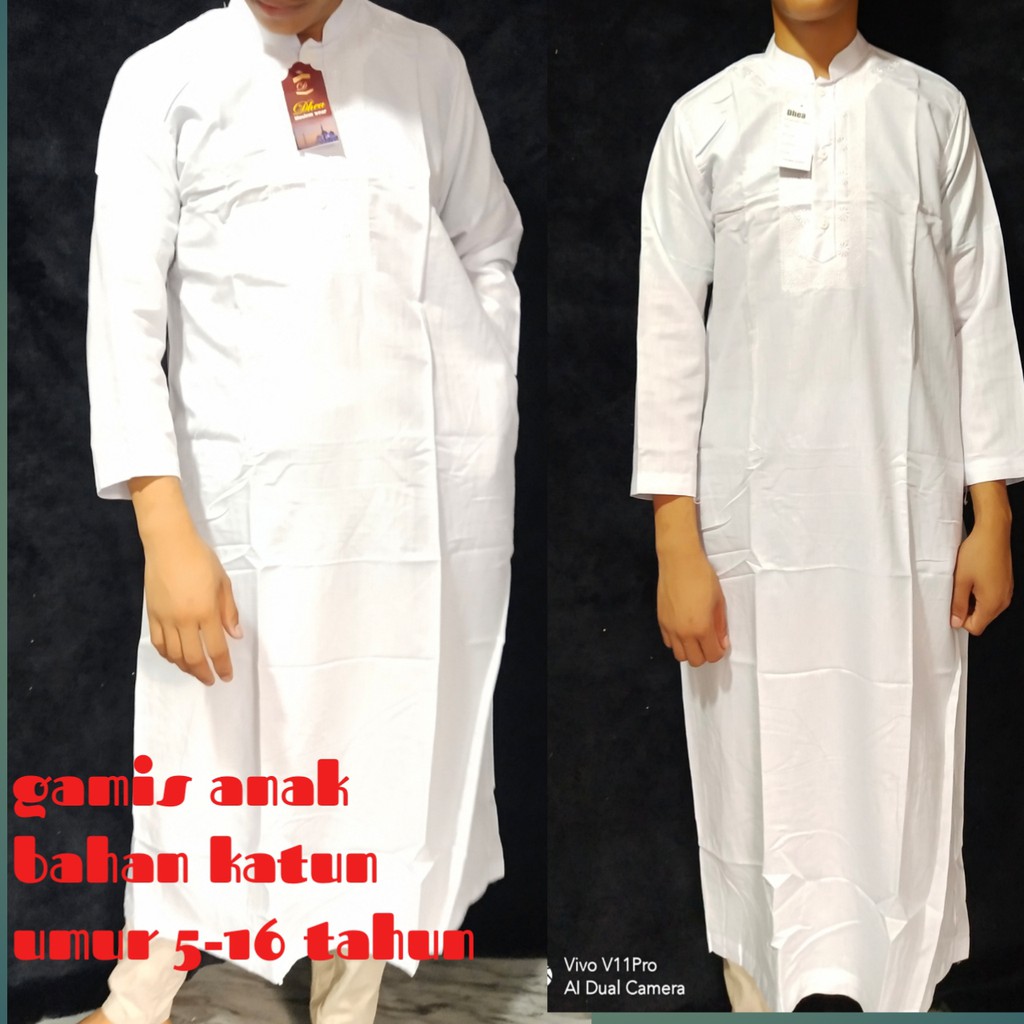 gamis putih anak size 5-15 tahun bahan katun motif bordir