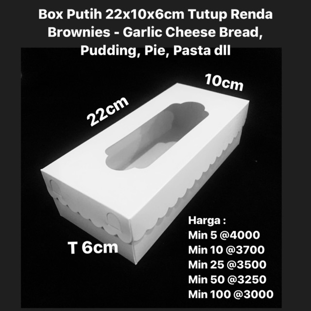 

Box Putih 22x10x6cm Tutup Renda Cocok untuk Brownies, Korean Garlic Bread, Snack dll