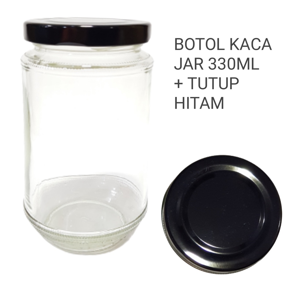 330ML  BOTOL KACA SILINDER JAR TOPLES KACA 330ML + TUTUP GOLD , TUTUP PUTIH , TUTUP HITAM