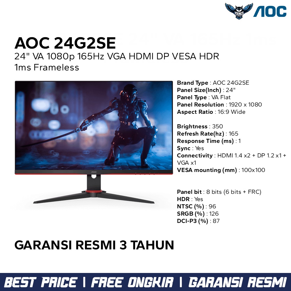 AOC 24G2SE 24&quot; VA 1080p 165Hz HDMI DP Vesa HDR | Gaming Monitor LED