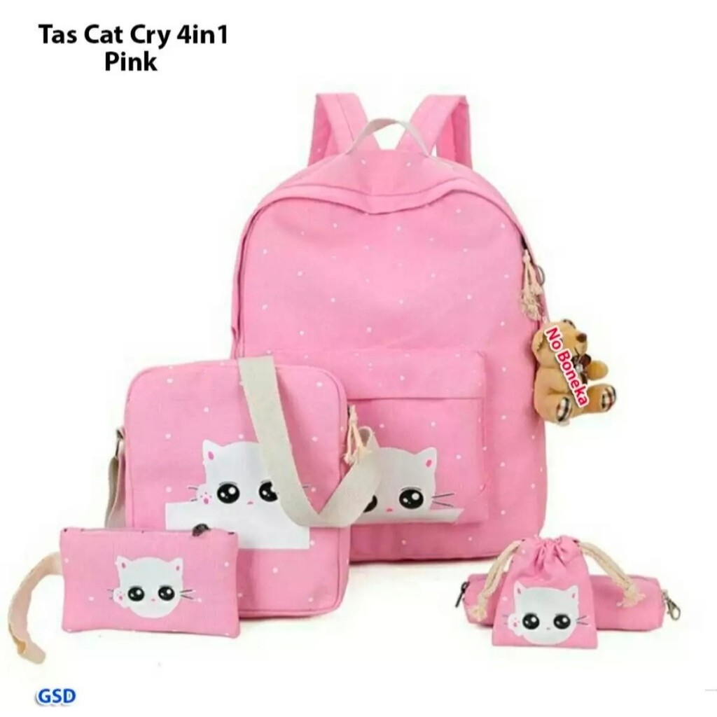 PROMO! Tas Sekolah Motif Kucing 4in1/Tas Anak Perempuan Murah/Tas Anak Tk/Tas Anak SD/Ransel Murah 4