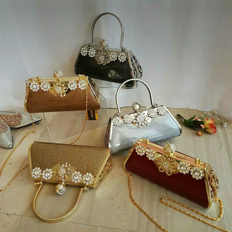 Tas Pesta Farnell Import  Clutch Wanita Permata Bunga Mewah 2891