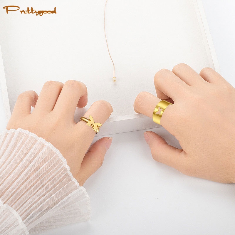 2pcs / Set Cincin Desain Kupu-Kupu Hollow Gaya Retro Untuk Pasangan -PD