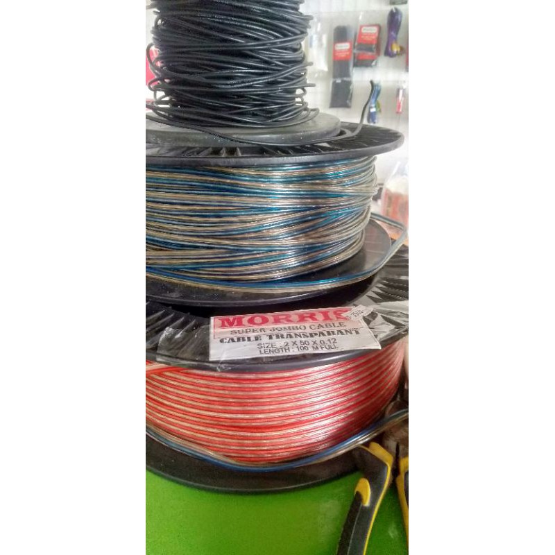 Kabel Serabut Audio Meteran Super Jumbo Cable Morris Transparan 2 x 50 x 0.12 dan Kabel Listrik Kawat Eterna / Engkel / Tunggal NYA dan Kabel Elektronik Kecil Glow