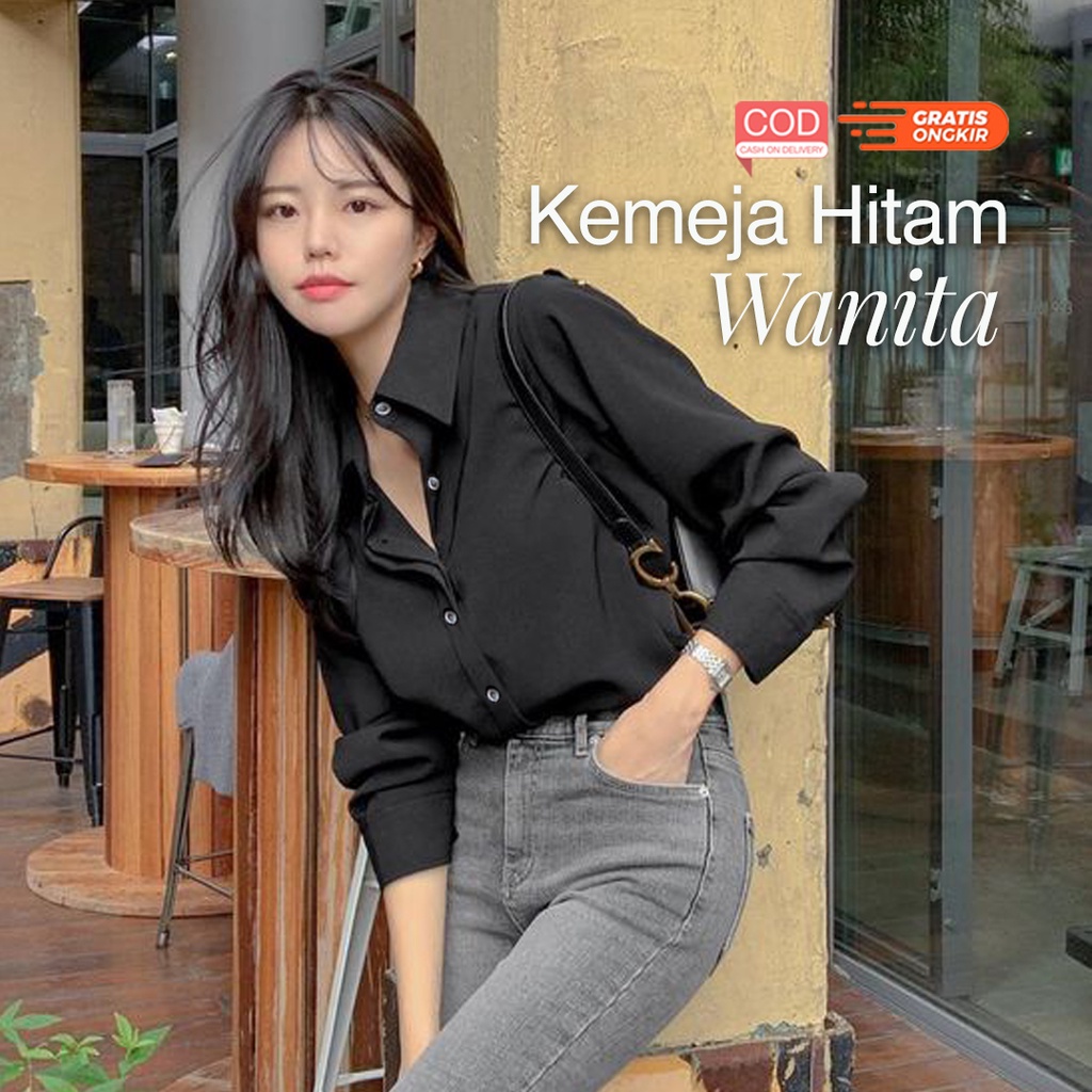 Kemeja Wanita Hitam Atasan Lengan Panjang Kekinian Black Blouse Woman