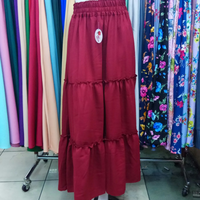 Merah Maroon - Rok Panjang Wool Crepe (Wolly) Model Susun