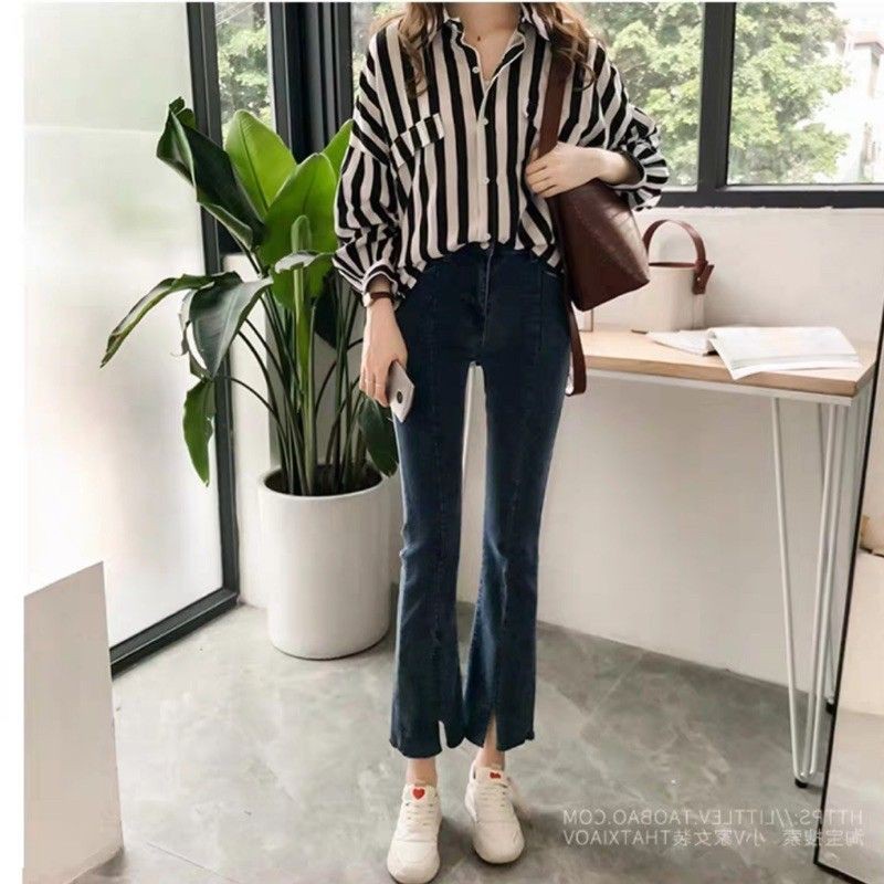 Kemeja Wanita Lengan Panjang Cassual Oversize Jumbo Motif Stripe Ada Kantong Import Murah BestSeller-3