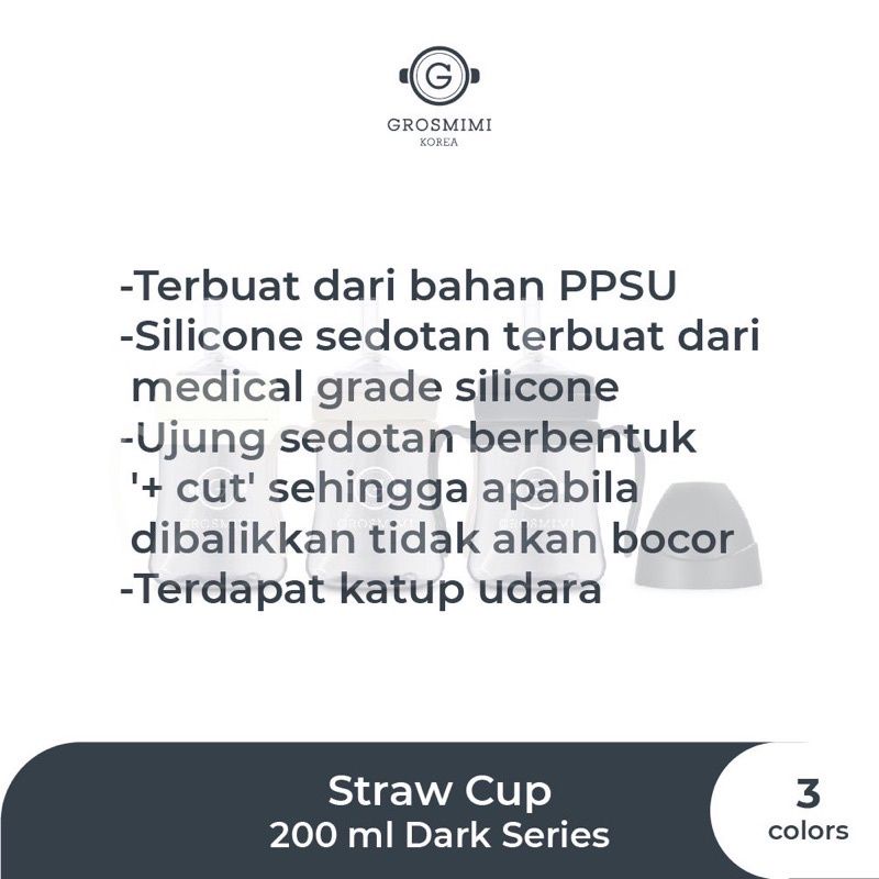 Grosmimi PPSU Straw Cup Dark Series 200ml Botol Minum Sedotan Anak Bayi Premium Anti Sedak - Strawcup Exclusive