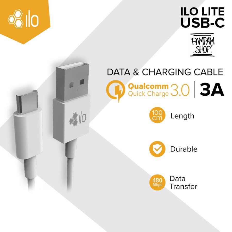 Hippo ILO Kabel Data LITE USB Type C 100CM Quick Charge Charging Fast 3A Original for Samsung XiaoMi Oppo Vivo Realme Ori