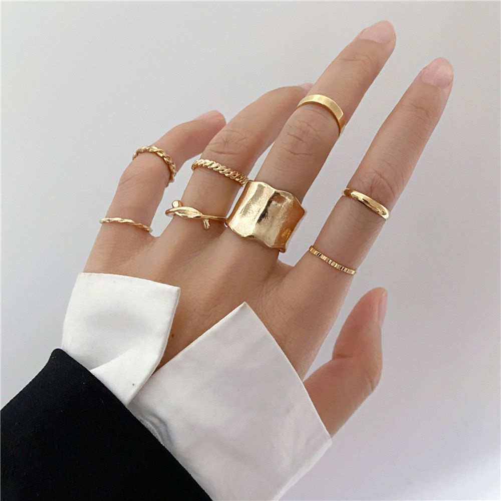 Set Cincin Model Terbuka Desain Silang Geometris Rongga Warna Emas / Perak Gaya Vintage Untuk Wanita