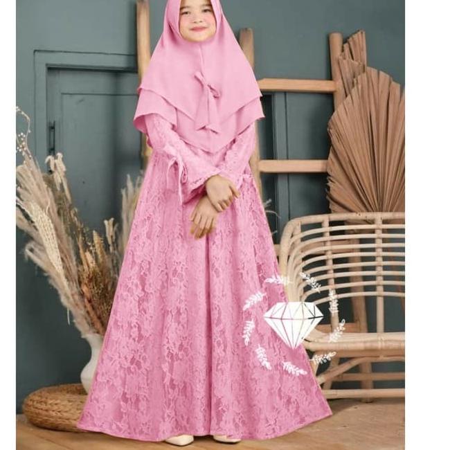 ✯ Dirra Kids Gamis Anak Perempuan + Kerudung Motif Brokat Terbaru Dress Anak Perempuan Hijab Outfit 