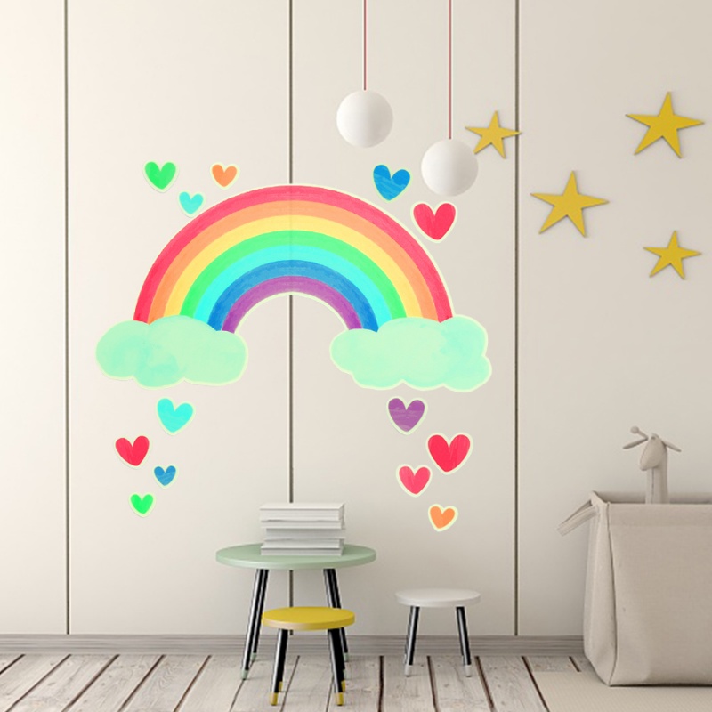 Stiker Dinding Decal Desain Kartun Pelangi Awan Bintang Glow in the Dark Untuk Kamar Anak